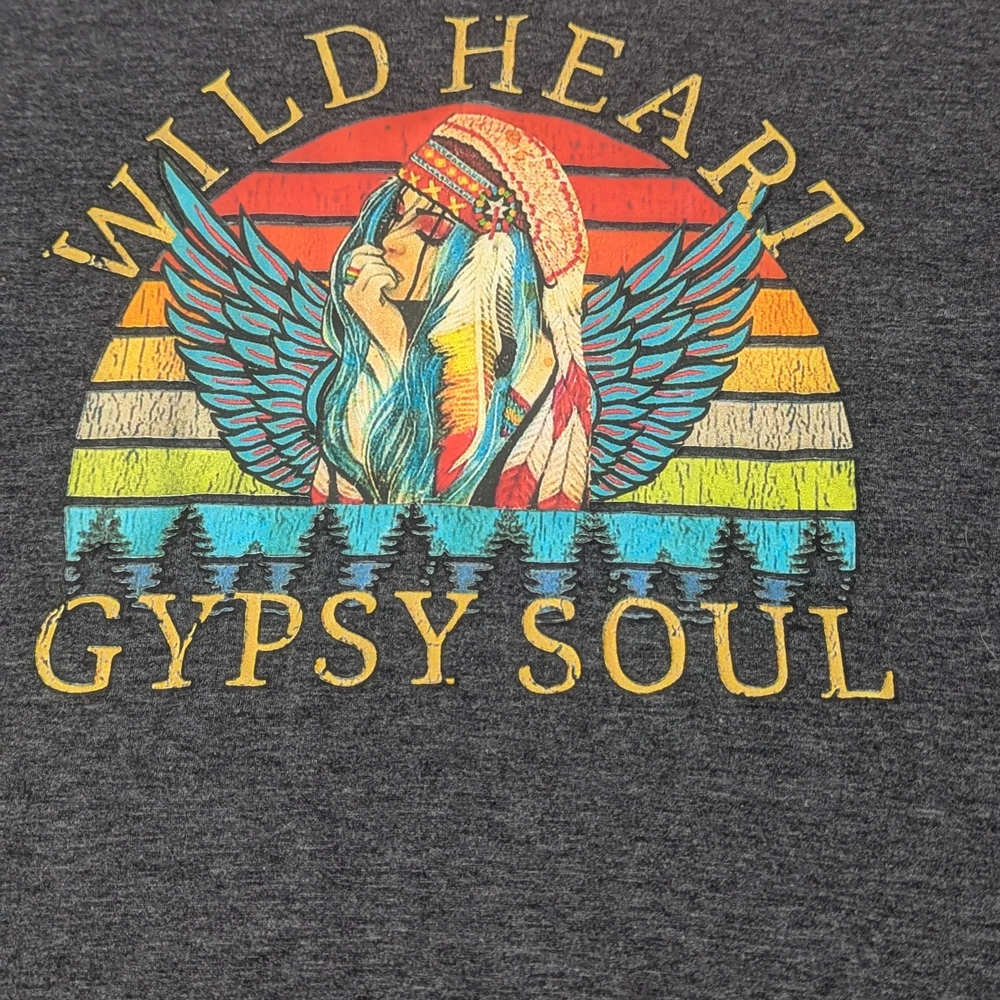 Wild Heart 3XL Gypsy Soul Grey Tee With Hippie Chick Graphic & Wings